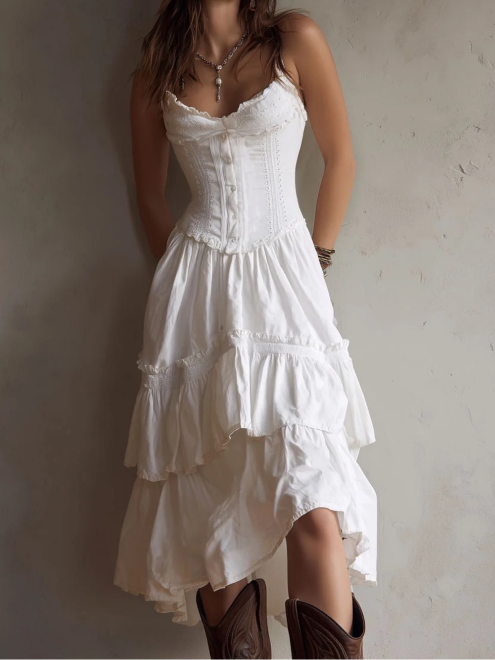 NWT FuTario White Eyelet Corset Tiered Midi Dress Lace size Small